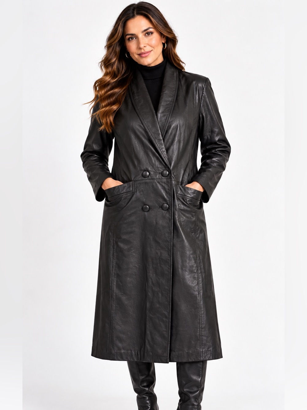 Sartori Vintage Black Genuine Leather Long Double Breasted Trench Coat Jacket L